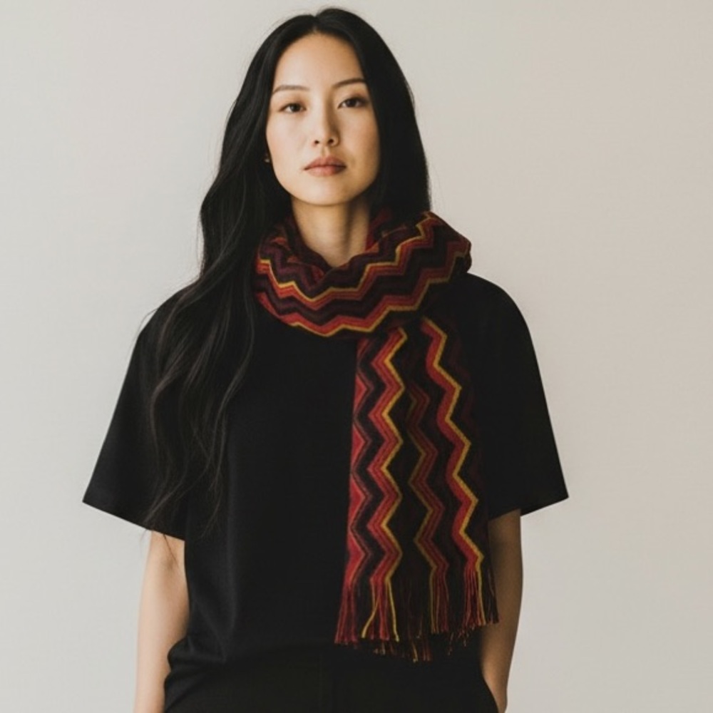 V. FRAAS 100% Cashmere Scarf Wrap Zig Zag Chevron Burgundy Red Yellow Fringe
